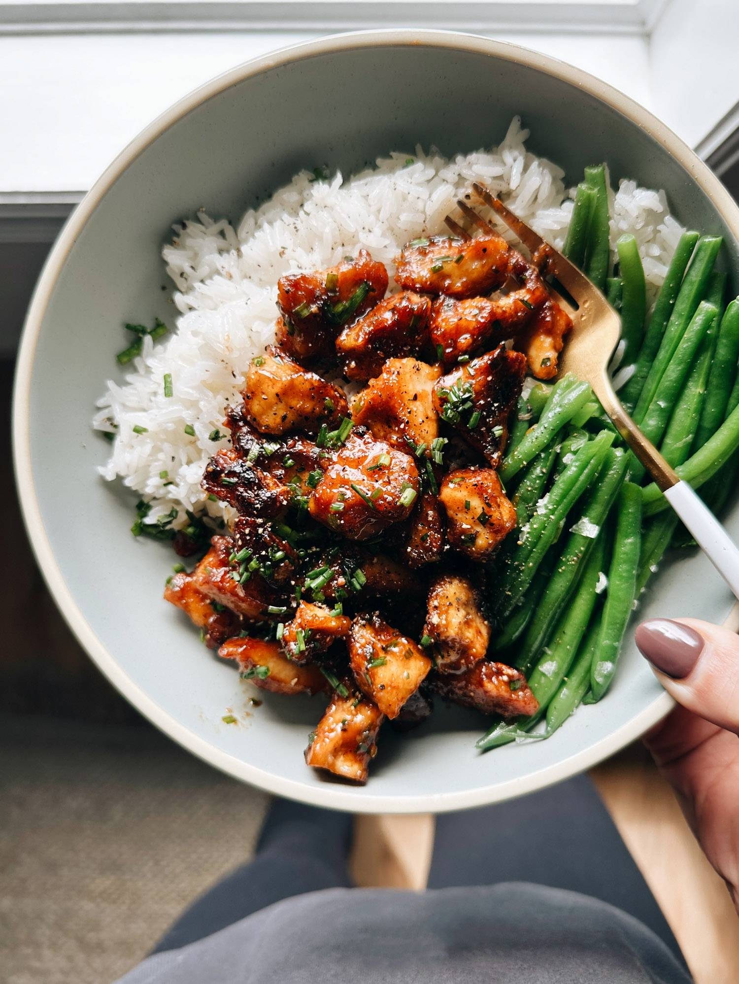 Sesame apricot tofu with rice.