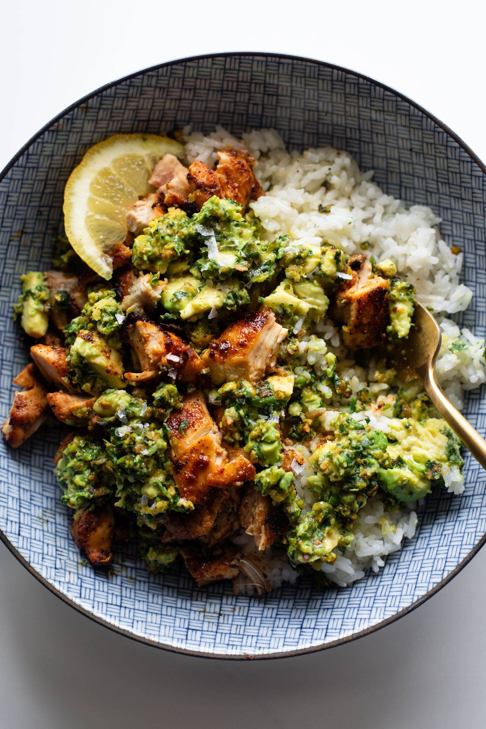 Chipotle chicken in a bowl with rice.