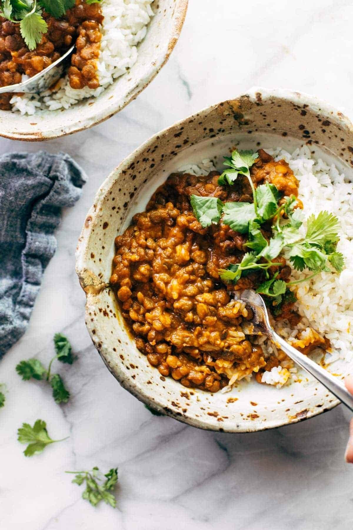 Red curry lentils with rice.