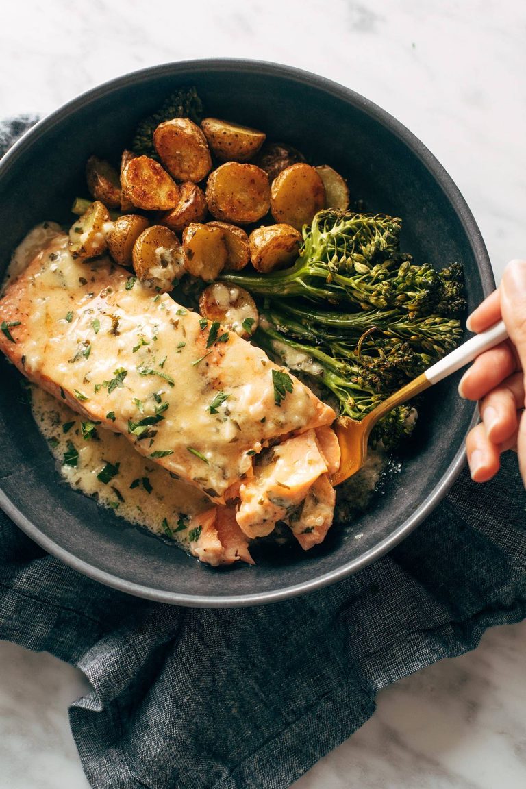 Lemon salmon with potatoes and broccoli.